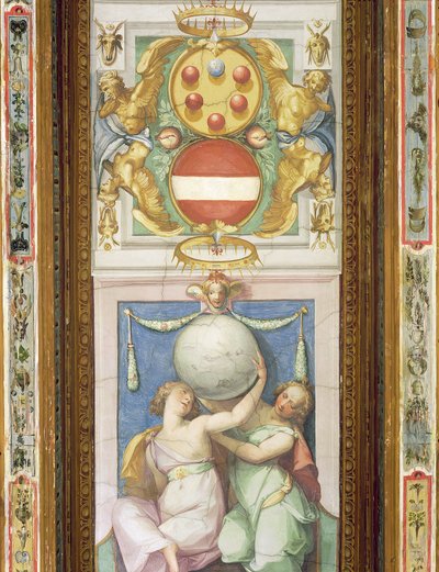 Plafonddecoratie met twee vrouwelijke figuren die een wereldbol ondersteunen: boven is een afbeelding van het Medici-wapen door Italian School