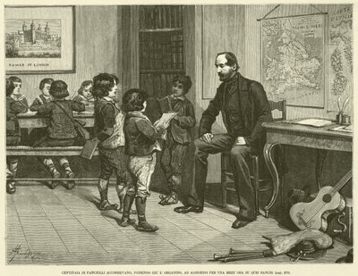 Honderden kinderen kwamen aanrennen, legden het draaiorgel neer en gingen een half uur op die banken zitten (gravure) door Italian School
