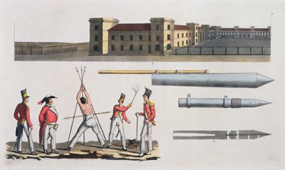 Chatham Barracks, een militaire straf genaamd de Driehoek en Congreve-raketten, plaat 17 uit De geschiedenis van de naties door Italian School