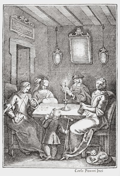 Chiaqlira leest verhalen voor aan een naaipartij, vooromslag van De Pentamerone van Giambattista Basile, 1742 door Italian School