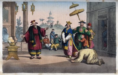 China - Een theatervoorstelling in de open lucht - gravure uit 