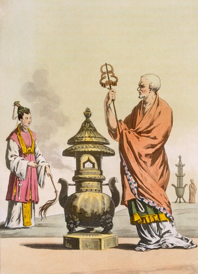Chinese Taoïstische religieuze gebruiken: Een bonzo in ceremoniële gewaden, gegraveerd door Fumagalli en Bramatti, ca. 1820-30 door Italian School