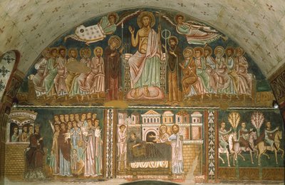 Christus op de troon tussen de Maagd, Johannes de Doper, de Apostelen en twee Engelen door Italian School