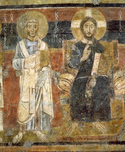 Christus in Majesteit met Heiligen, Santa Maria Antiqua, Rome door Italian School