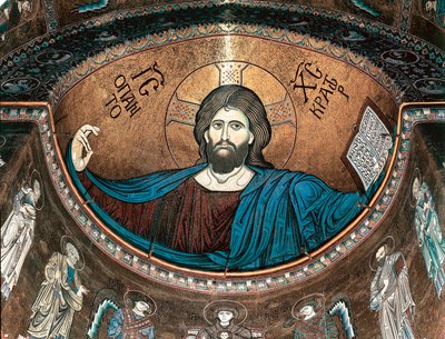 Christus Pantocrator of Christus in Glorie, decoratie van de apsis van de kathedraal van Monreale, Sicilië, Italië door Italian School