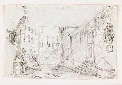 Stadsstraat in Genua, met de vuurtoren en haven op de achtergrond door Italian School