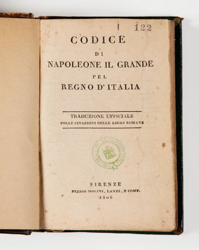 Code Napoleon de Grote voor het Koninkrijk Italië, open op de titelpagina, gepubliceerd Firenze, Molini, Landi et Cie, 1806 door Italian School