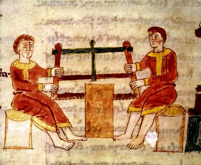 Codex 132 Livre 14 Chap.25 Twee mannen zagen hout, uit De Universo door Rabanus Maurus (c.780-856) door Italian School