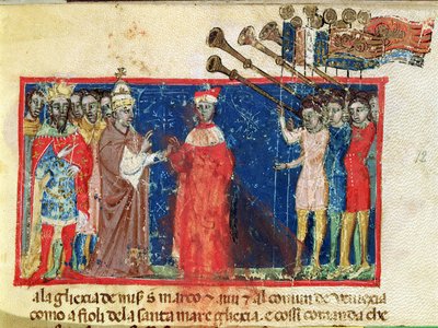 Doge Sebastiani Ziani ontvangt een verzoekschrift van Paus Alexander III (1159-81) en Keizer Frederik Barbarossa (c.1123-90) door Italian School