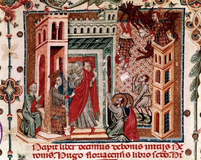 Codices Cavenses, Cod.25 f.181, Simon Magus, de Keizer Nero, en de Apostelen, miniatuur uit Speculum Historiale, Deel I, door Vincent de Beauvais, c.1320 door Italian School