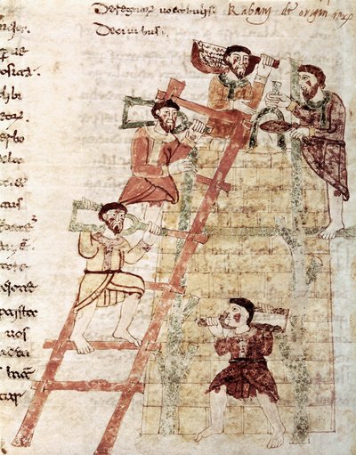Bouw van een toren, Miniatuur uit het manuscript "De Universo" Boek 16 Hoofdstuk 1 door Maurus Rabanus door Italian School