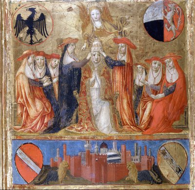 Kroning van Pius II (Enea Silvio Piccolomini) (1405 tot 1464). Italiaanse Paus (1458 - 1464). Beneden is de versterkte stad Siena. Bicherna (omslag van het boekhoudregister van de stad Siena) uit 1460. Nationaal Archief - Museo delle Tavolette de B door Italian School