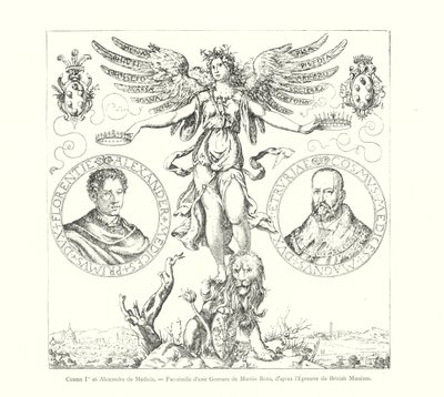Cosme Ier et Alexandre de Medicis, Fac-simile van een gravure van Martin Rota, naar de proef van het British Museum (gravure) door Italian School