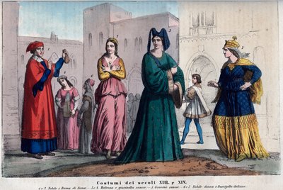 Kostuums in Siena tussen de XIII en XIV eeuw - kleding in Siena tussen de XIII en XIV eeuw - gravure uit 