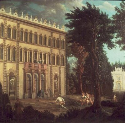 Landhuis met elegante figuren (een van een paar) door Italian School
