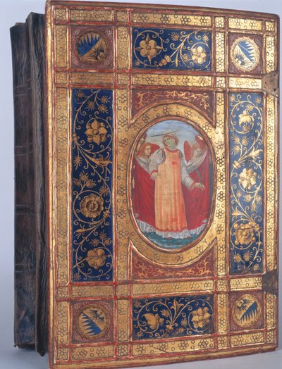 Omslag van een Italiaans manuscript met St. Laurentius (bladgoud & polychroom op hout) door Italian School