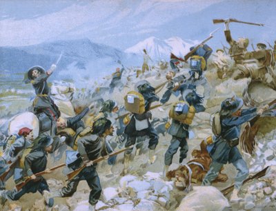 Krimoorlog en de slag bij Chernaya, 16 augustus 1855, illustratie uit een album over de geschiedenis van Risorgimento gemaakt voor de chocolade Talmone, eind 19e eeuw door Italian School