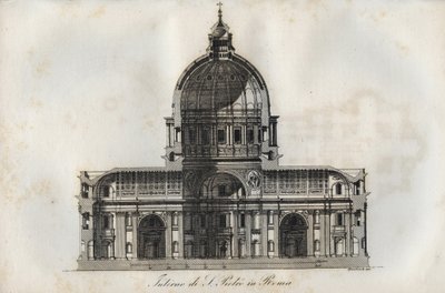 Dwarsdoorsnede van de Sint-Pietersbasiliek in Rome - gravure uit Usi e Costumi di Tutti i Popoli dell