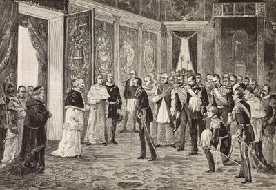 Kroonprins van Duitsland (toekomstige Frederik III) wordt ontvangen door paus Leo XIII in de Troonzaal, Vaticaan, gravure naar tekening door Ximenes naar schets door Dal Don door Italian School