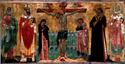 Kruisiging en heiligen. Houtschilderij door anonieme kunstenaar van de Veneto-Byzantijnse school. Venetië, Museo Correr door Italian School
