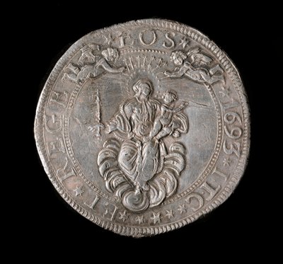 Munt van de Republiek Genua: vijf ecu zilveren munt. Diam. 61 mm. 1693. Achterkant. Genua Musei di Strada Nuova door Italian School