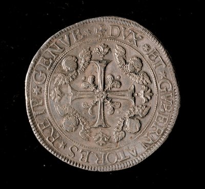 Munt van de Republiek Genua: vijf ecu zilveren munt. Diam. 61 mm. 1693. Voorzijde. Genua Musei di Strada Nuova door Italian School