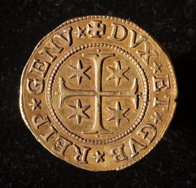 Munt van de Republiek Genua: vijf gouden doppie munt. Diam. 41 mm. 1642. voorkant. Genua Musei di Strada Nuova door Italian School