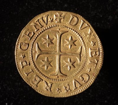 Munt van de Republiek Genua: vijf gouden doppie munt. Diam. 41 mm. 1652. voorkant. Genua Musei di Strada Nuova door Italian School