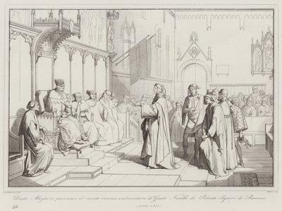 Dante Alighieri presenteert zich aan de senaat als ambassadeur van Guido Novello di Polenta, Heer van Ravenna door Italian School