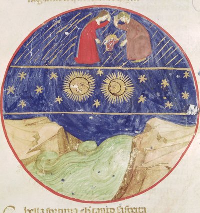 Dante en Beatrice die het teken van Tweelingen, de planeten en de aarde overdenken, uit Divina Commedia door Dante Alighieri (1265-1321) door Italian School