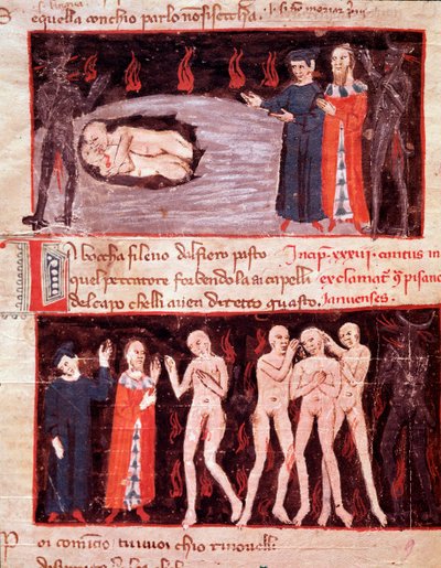 Dante en Vergilius ontmoeten Ugolino, verrader (lied 23 uit Inferno in de Goddelijke Komedie) miniatuur door Italian School