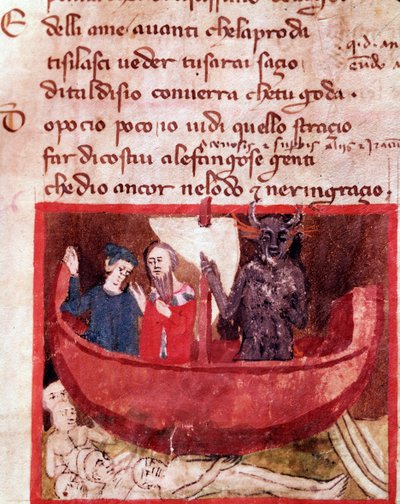 Dante en Vergilius op de boot van Phlegyas ontmoeten Filippo Argenti (canto 8 van de Hel, in de Goddelijke Komedie) - miniatuur door Italian School