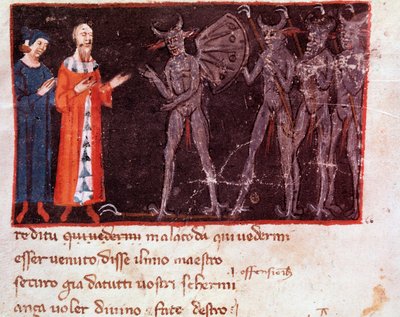 Dante en Vergilius spreken met Malacoda, leider van de Malebranche squadrons (lied 21 uit Inferno, in de Goddelijke Komedie) - miniatuur door Italian School