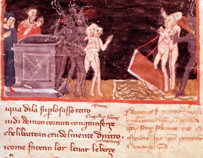 Dante en Vergilius omringd door de pooiers en verleiders (lied 18 uit de Hel, in de Goddelijke Komedie) door Italian School