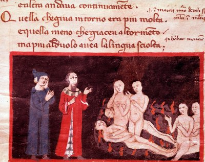 Dante en Virgil omringd door de gewelddadigen (lied 14 uit de Hel, in de Goddelijke Komedie) - miniatuur 14e eeuw door Italian School