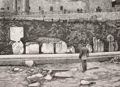 Decoratieve hemicyclus in het Romeinse Forum, Rome, Italië, gravure naar tekening van Dante Paolocci, uit L