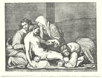 Kruisafneming genaamd La Pieta di Luco, door Del Sarto, geschilderd voor de Camaldulen van Lucco, Collecties van Florence (gravure) door Italian School