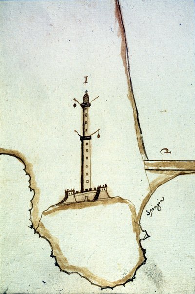 Detail van een handgeschreven topografische kaart uit de 17e eeuw die de positie van de Genua-lantaarn toont. door Italian School