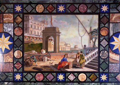 Detail van een tafelblad met de haven van Livorno, naar een ontwerp van Antonio Ciocci door Italian School
