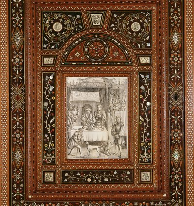 Detail van een gravure op ivoor, naar Memling (ca. 1433-94), uit een kabinet geschonken aan Mary Queen of Scots (1542-87) en Francis II (1544-60) als huwelijksgeschenk (hout en ingelegd ivoor) door Italian School
