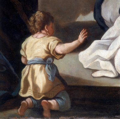 Detail van het schilderij dat de Madonna van de Rozenkrans met heiligen Dominicus en Catharina van Siena afbeeldt door Italian School