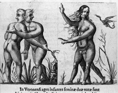 Verschillende soorten menselijke monsters: een man met dubbele lichamen en hoofden en een vrouw met vier benen en twee geslachten. Gravure uit 