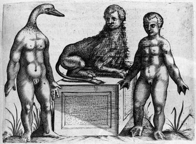 Verschillende soorten menselijke monsters: een man met het hoofd van een eend, een man met het lichaam van een leeuw en een andere met handpalmen. Gravure uit 