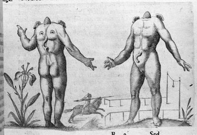 Verschillende soorten menselijke monsters: een man zonder hoofd. Gravure uit 