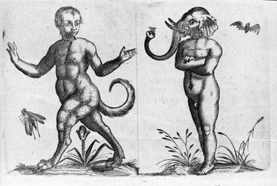 Verschillende soorten menselijke monsters: een man met dierenpoten en een andere met een olifantenhoofd. Gravure uit 