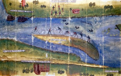 Geschil over het recht om ijs te oogsten tussen de bewoners van de rivier de Po. 1535. Milaan, Nationaal Archief. door Italian School