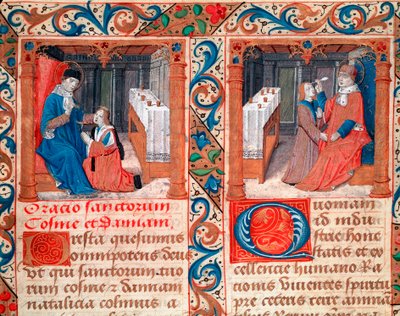 Dokter opereert de schedel van een patiënt (de trepanatie van de schedel) Voorstelling van de heiligen Cosimo (Come of Cosimo) en Damian, artsen. Miniatuur uit het manuscript 