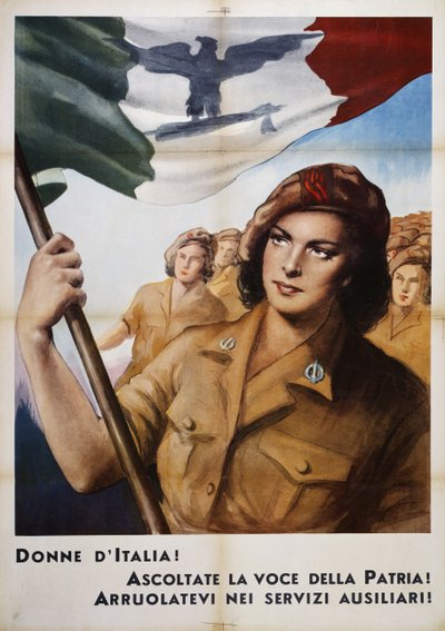 Vrouwen van Italië luister naar de stem van het vaderland! Neem deel aan de hulpdiensten! (Vrouwen van Italië luister naar de stem van het vaderland! Neem deel aan hulpdiensten!), propagandaposter, Italië, 20e eeuw door Italian School