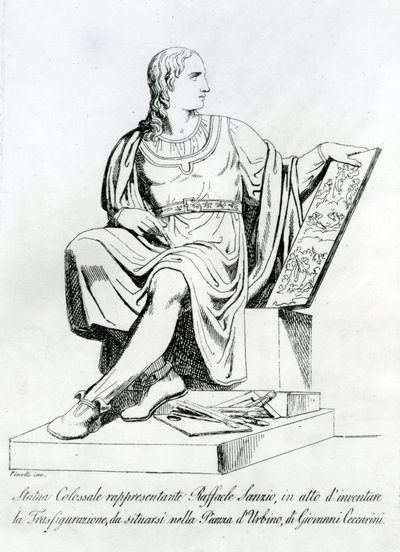 Tekening van een standbeeld door Giovanni Ceccarini van Raffaello Sanzio da Urbino door Italian School