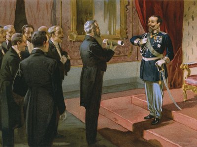 Hertog van Sermoneta biedt koning Victor Emmanuel II (1820-78) het Romeinse referendum aan in Palazzo Pitti, Florence, 1870, illustratie uit een album over de geschiedenis van Risorgimento gemaakt voor de chocolade Talmone, eind 19e eeuw door Italian School